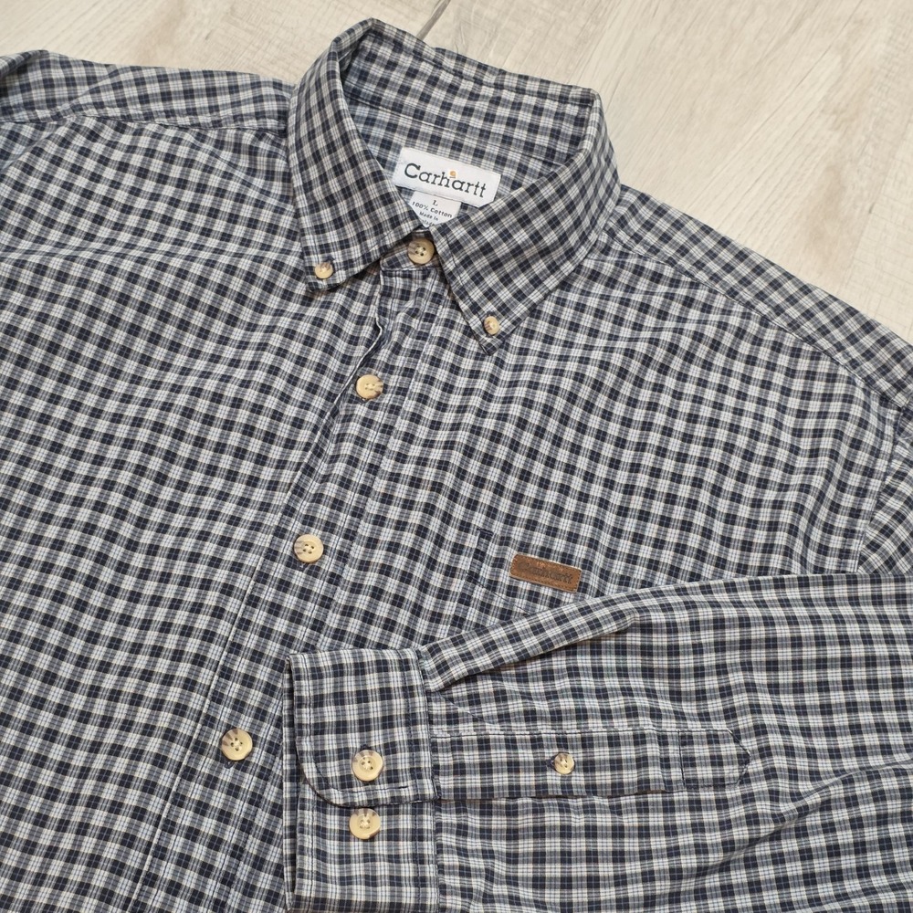 VTG Carhartt Men's Long Sleeve Large Plaid Shirt Blue Gray Leather Logo Patch